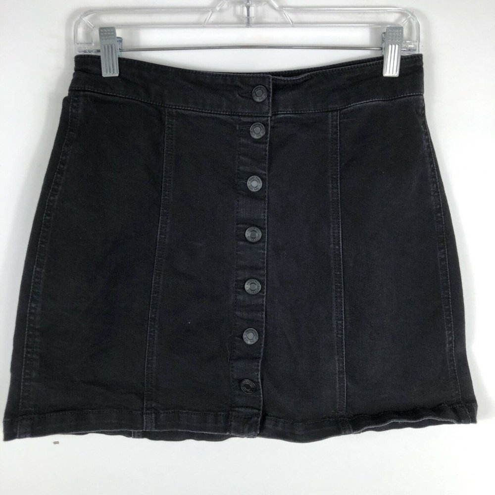 Mudd Jean Micro Mini Skirt Women's 9 Black Flx Stretch Denim Full Button Down